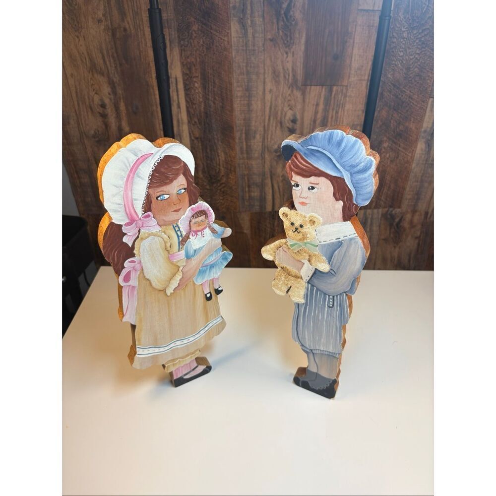 Vintage Hand Painted Wood Children Wall Decor Boy Girl Teddy Doll Set